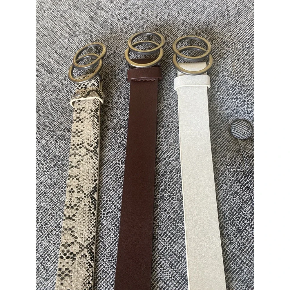 Set of 3 Double Circle Buckle‎ Belts - Snakeskin, Brown, White - Size M-L